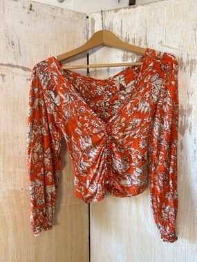 Free People Orange Floral Ruched V-Neck Blouse